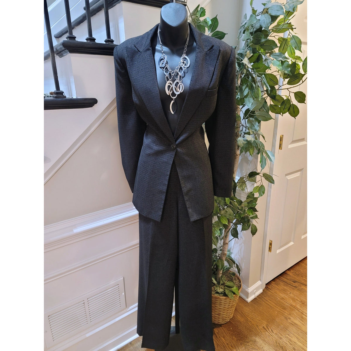 Le Suit Pant Suit Women SZ 12 Black Micro-Plaid Single Button Blazer Fully Lined
