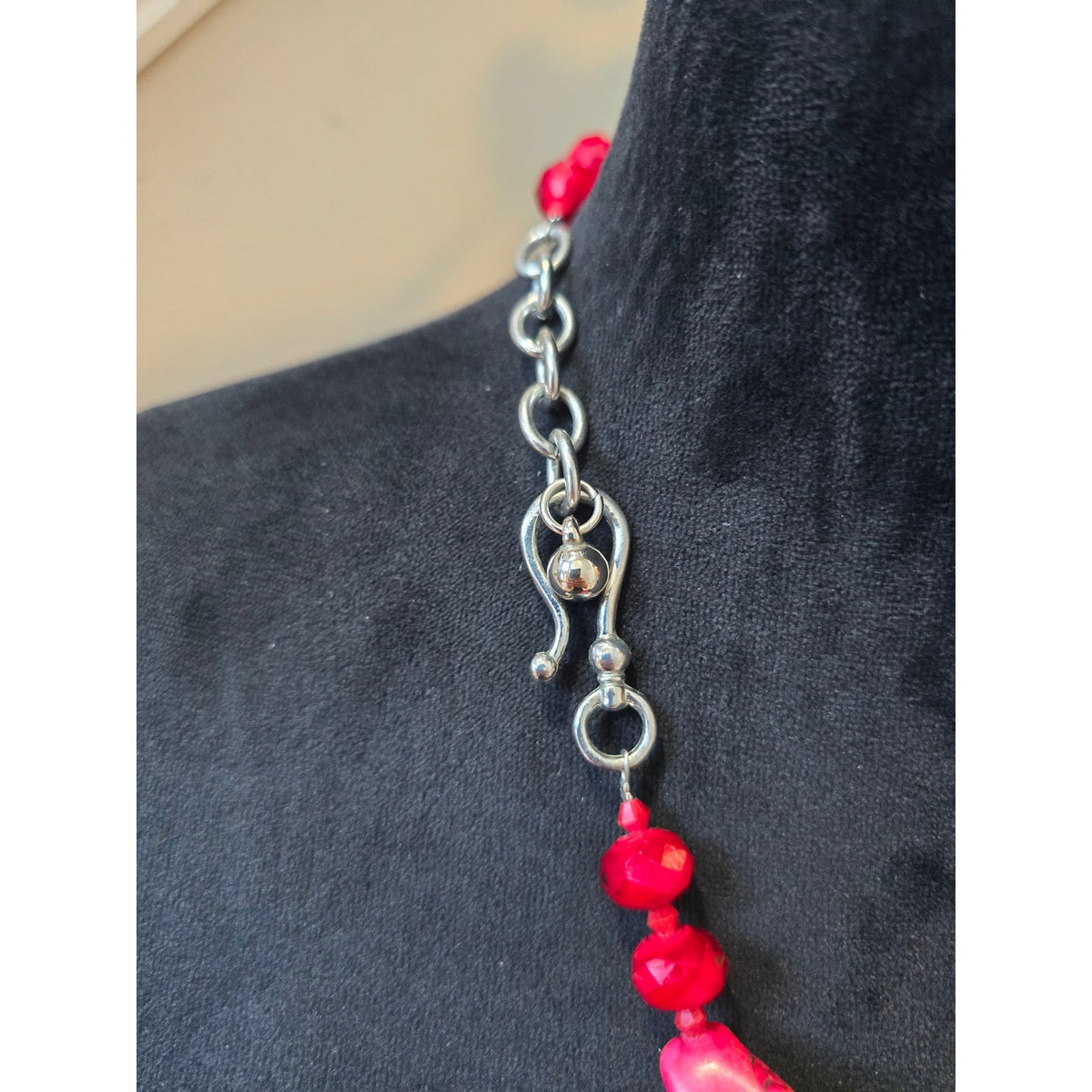 Women's Silver Tone Red Coral Gem Focal Beads Textured Square Pendant Necklace