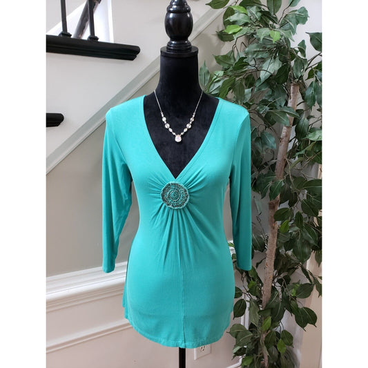 Style & Co. Womens Green Solid Rayon Casual V-Neck Long Sleeve Top Blouse Size M