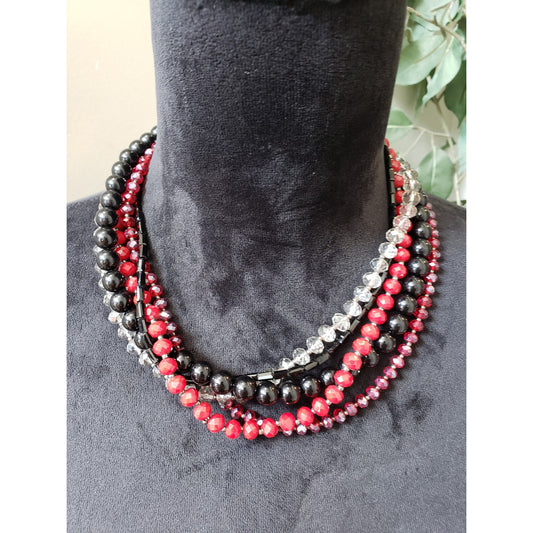 Women's LOFT Outlet Multistrand Beaded Necklace Lobster Clasp Red Black Clear