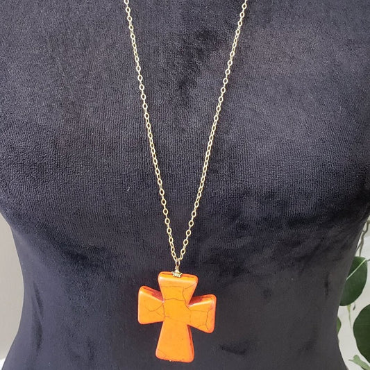 Women Gold Tone Orange Howlite Coss Long Chain Pendant Necklace w/ Lobster Clasp