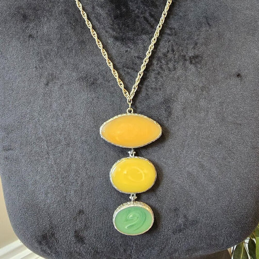 Women Orange Green Gemstones Pendant Silver Tone Chain Necklace w/ Lobster Clasp