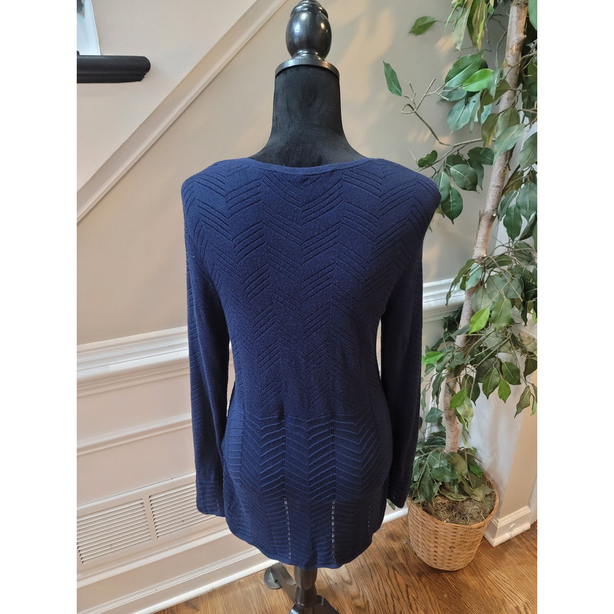 White House Black Market Tunic Sweater Womens Small Blue Zigzag Knit Long Sleeve