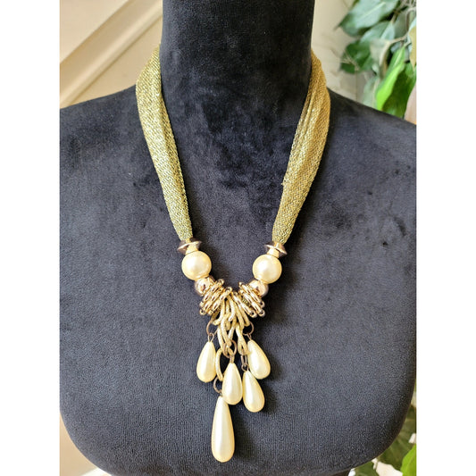 Gold Tone Mesh Multi-Strand Necklace with Ivory Teardrop Dangles Statement