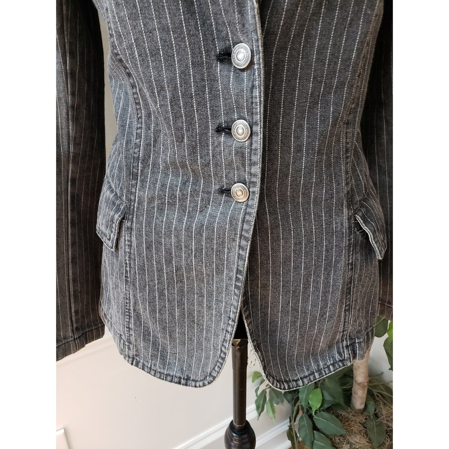 Carlo's Denims Blazer Jacket Women Small Gray Striped Peak Lapel Single Breasted