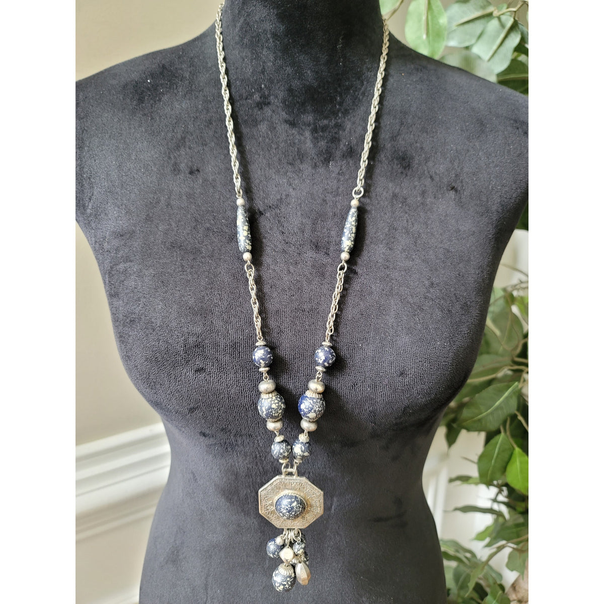 Women's Silver Chain Necklace With Blue Speckled Beads And Lobster Claw Lock