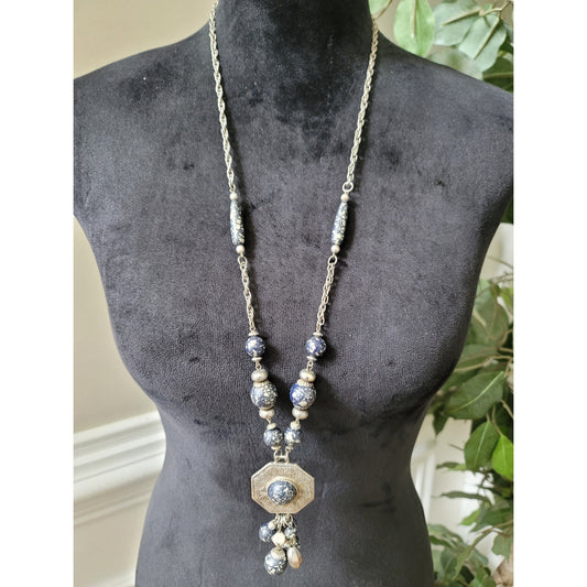 Women's Silver Chain Necklace With Blue Speckled Beads And Lobster Claw Lock