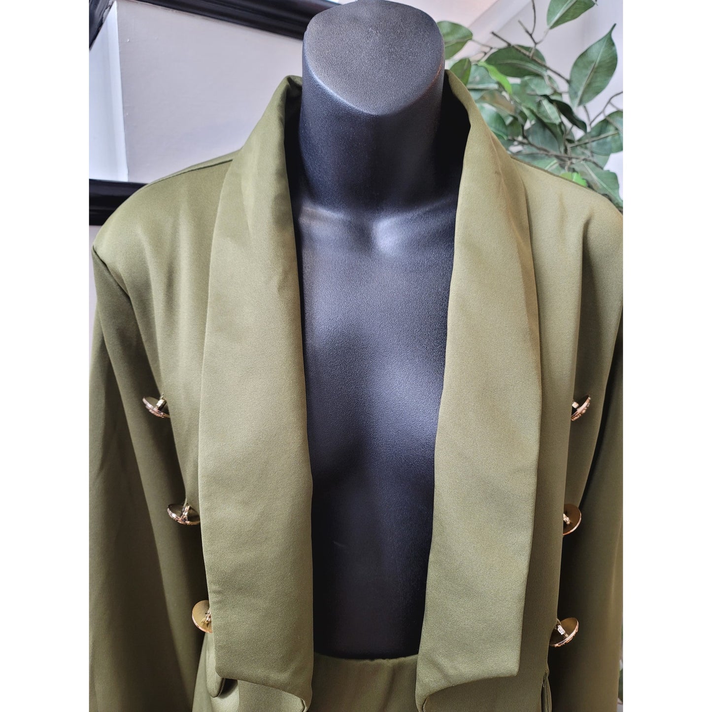 Women's 2 Piece Suit Size L Green Solid Long Sleeve Double Breasted Open Front
