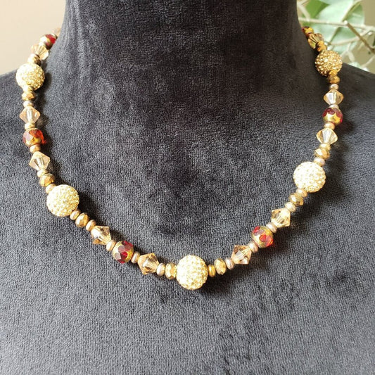 Womens Fashion Gold Tone Red Crystal Beaded Necklace w/ Earring & Bracelet