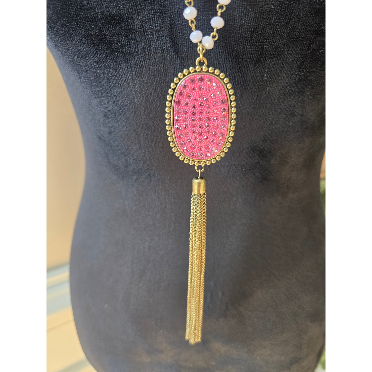 Long Pink Beaded Tassel Pendant Necklace Rhinestone Statement Fashion Jewelry