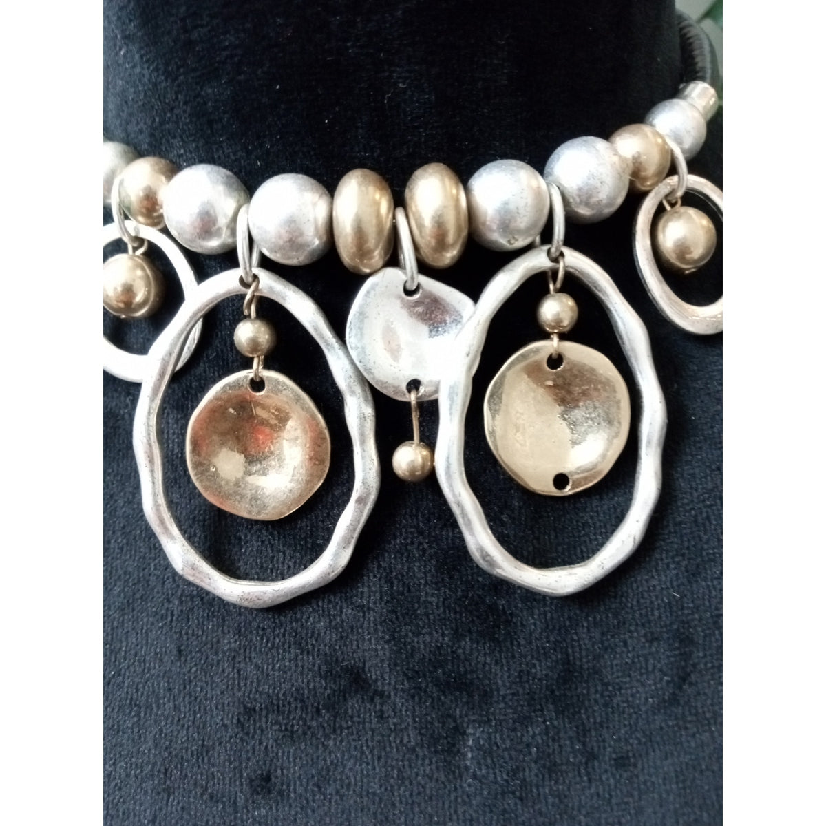 Silver Gold Tone Tribal Statement Necklace Hammered Disc Bib Collar Boho Chic