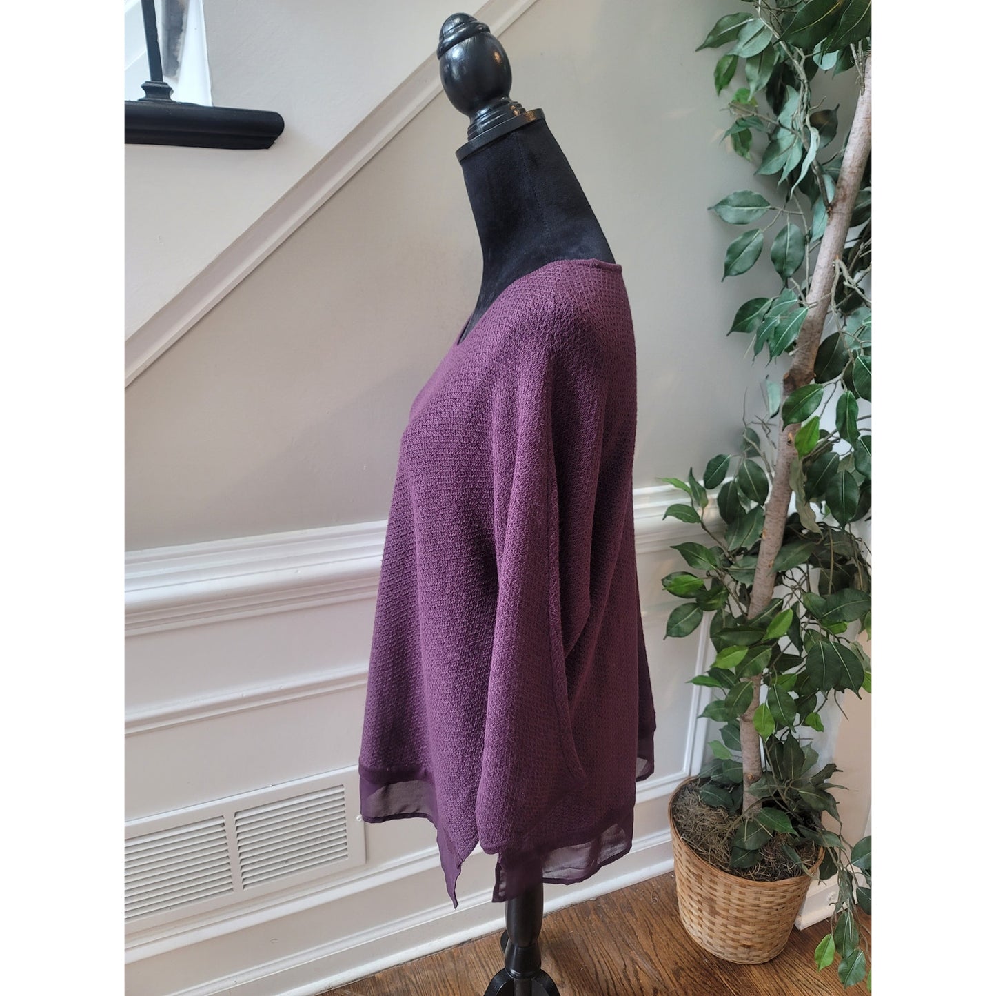 Chico's Sweater Women's Size 2 Large Purple Sheer Hem Knit Stretch Long Sleeve