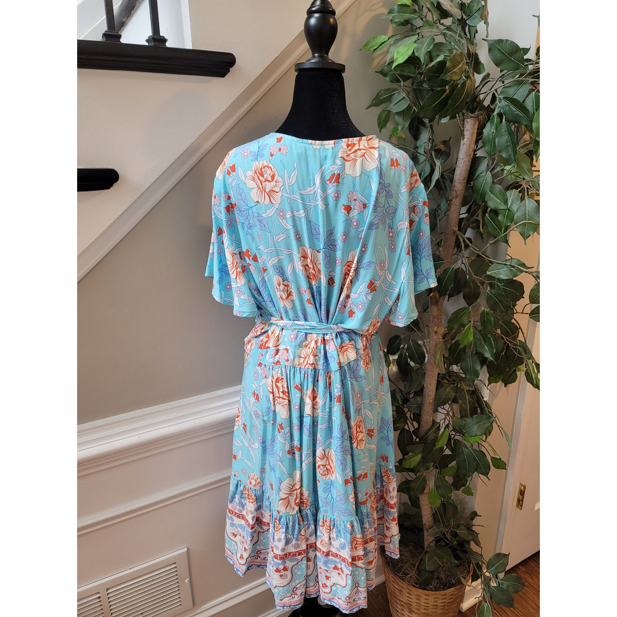 Zesica Dress Womens XL Blue Floral Wrap Short Sleeve Boho Midi Summer Rayon