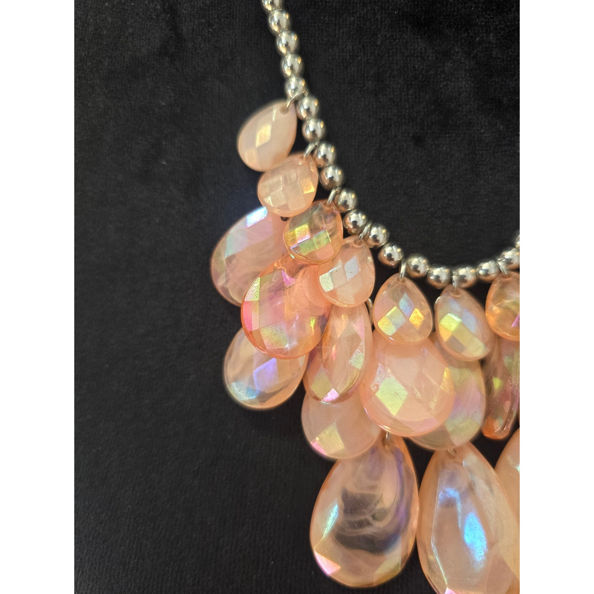 Peach Orange Iridescent Teardrop Cluster Bib Statement Necklace