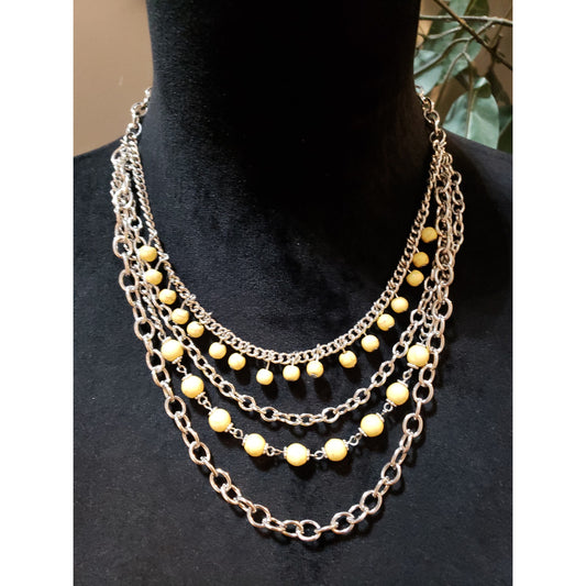 Womens Silver Tone 4 Strand Chains Yellow Jasper Bib Statement Necklace Jewelry
