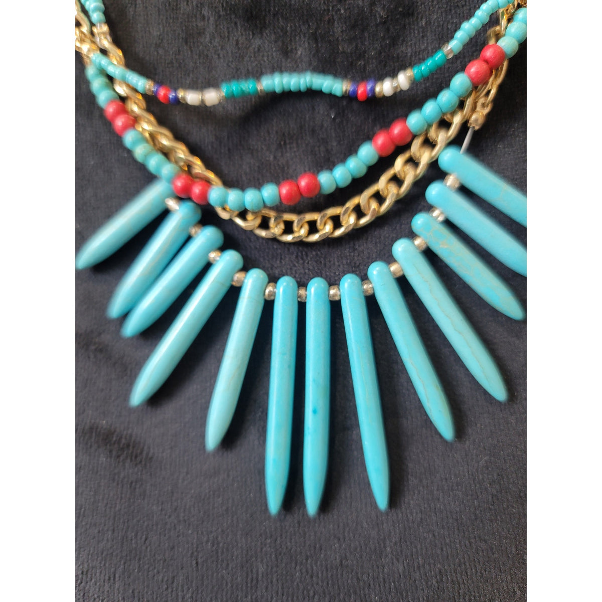 Women's Multilayer Beaded Spike Necklace With Gold Chain And Lobster Clasp