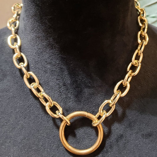 Womens Gold Tone Hollow Circle Linked Bold Chain Pendant Necklace Lobster Clasp