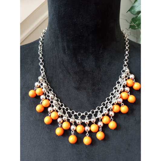 Silver Tone Chain Necklace Orange Bead Fringe Statement Bib Collar Necklace