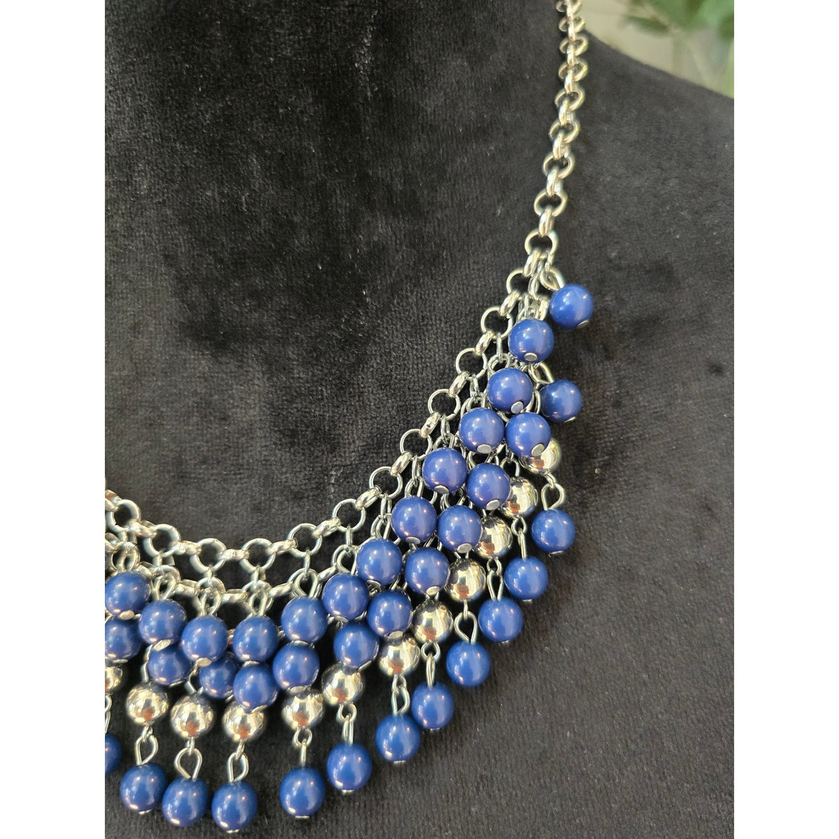 Blue Silver Tone Multi Strand Beaded Fringe Bib Statement Necklace