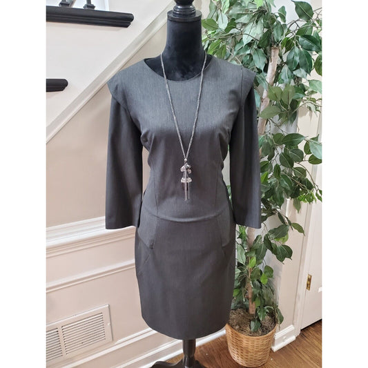 Wame Women's Gray Solid Polyester Round Neck Long Sleeve Knee Length Dress 44