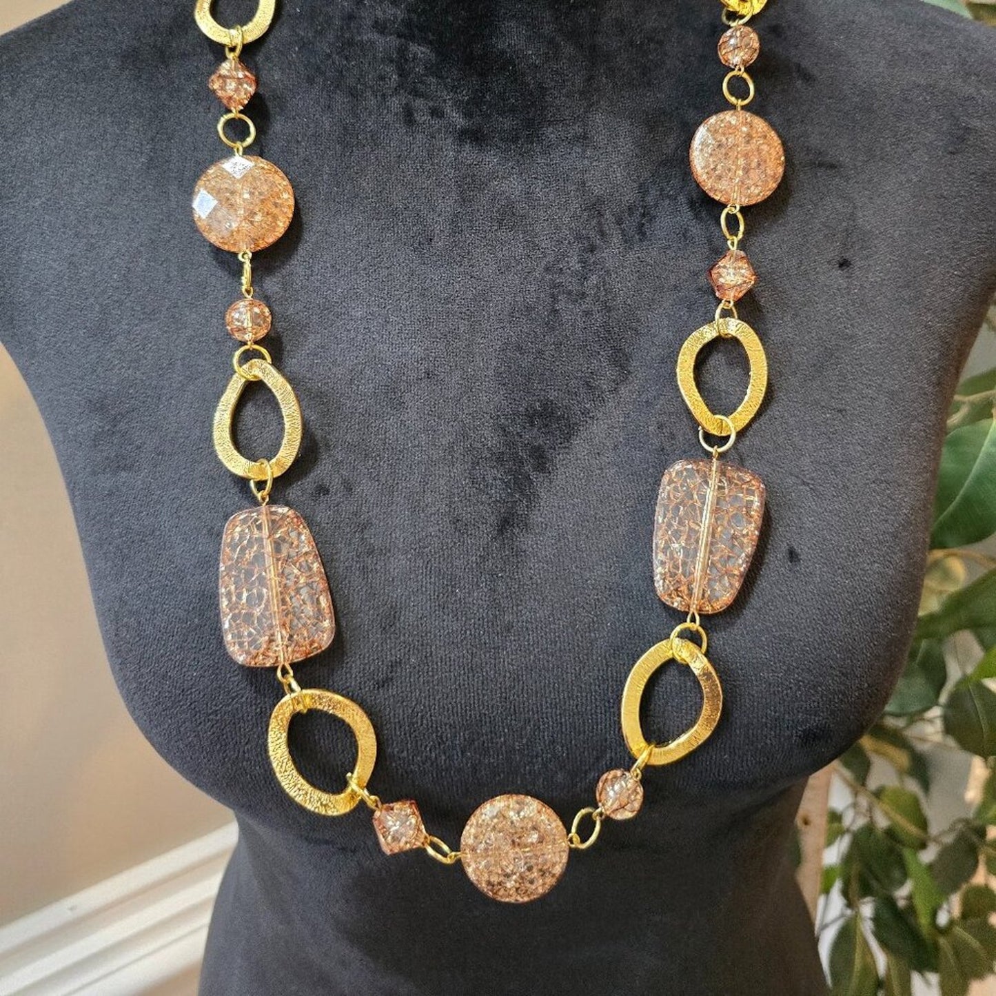 Womens Fashion Brown Crystal Gold Tone Disc Linked Chain Necklace Jewelry