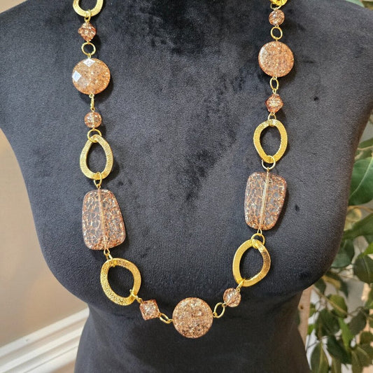 Womens Fashion Brown Crystal Gold Tone Disc Linked Chain Necklace Jewelry