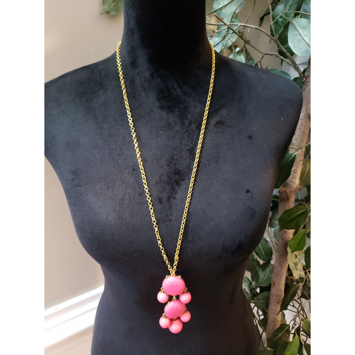 Women Fashion Gold Tone Pink Drippy Bubble Beads Prong-set Long Necklace Jewelry
