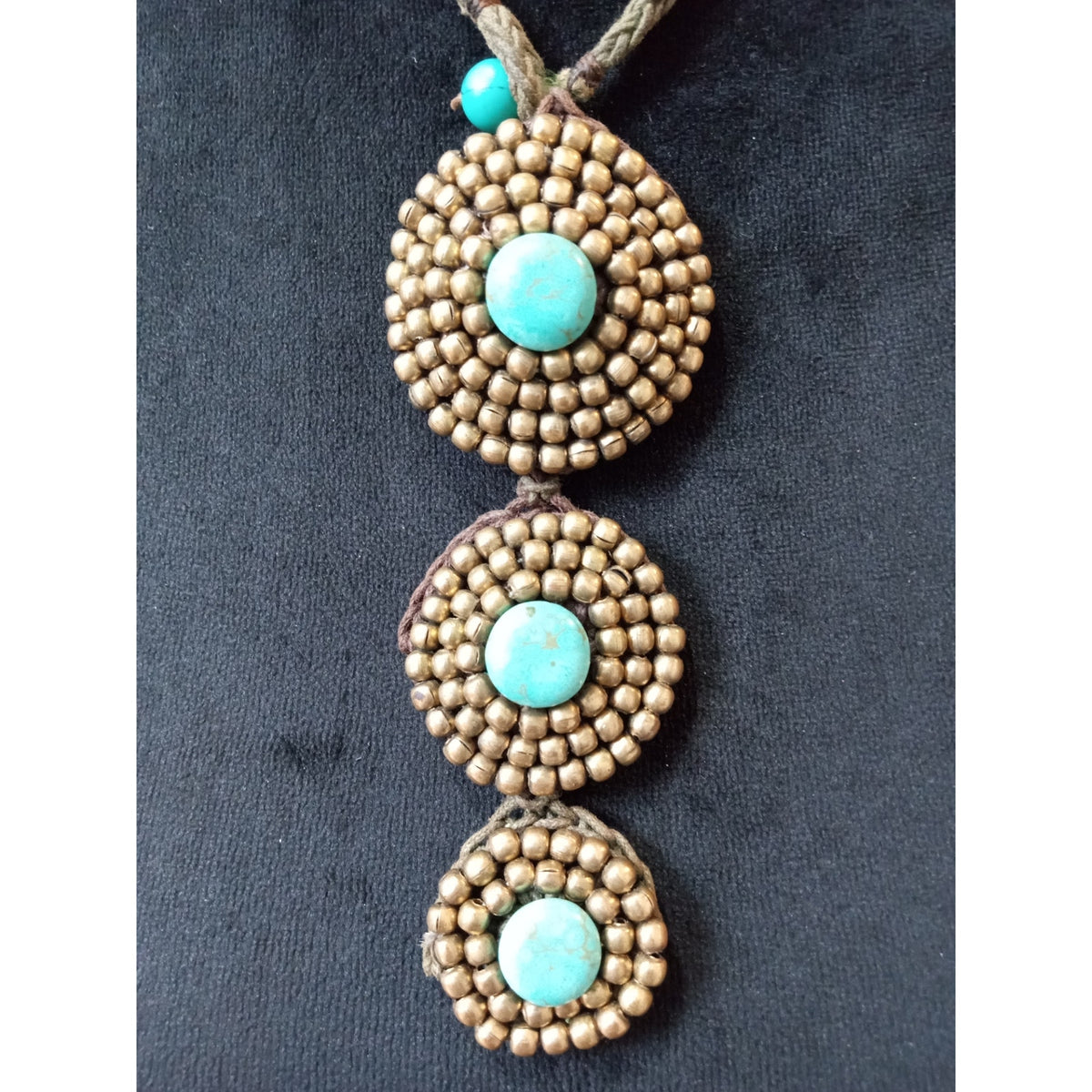 Gold Tone Triple Turquoise Medallion Pendant Necklace Boho Southwestern Style