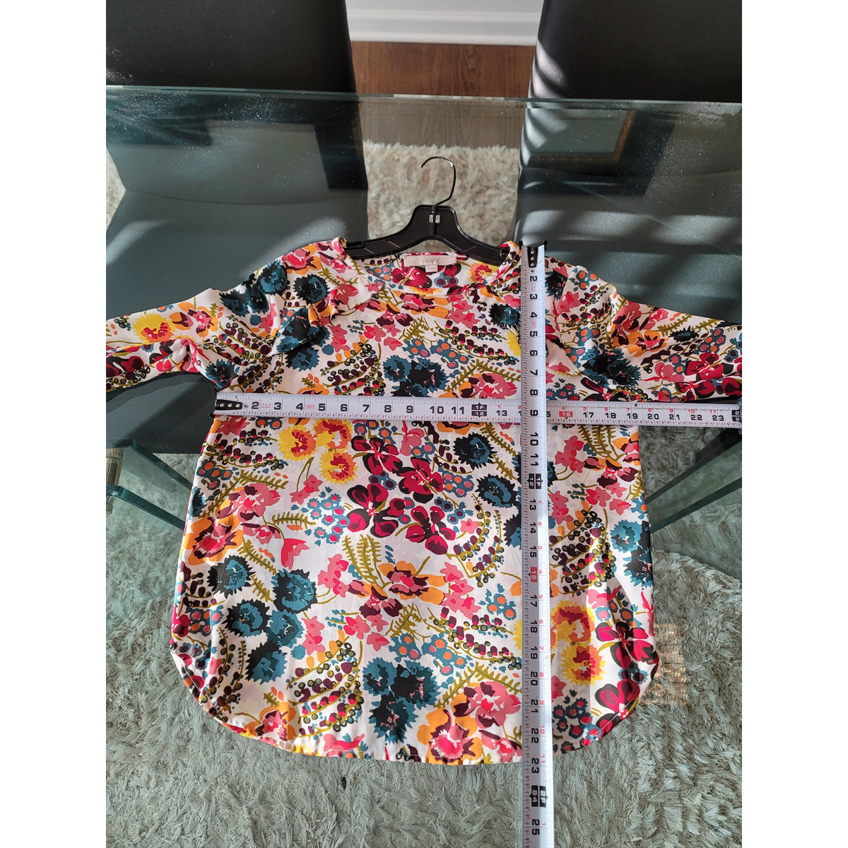 Loft Blouse SP Multi Floral Ruffle Detail Crew Curved Hem Long Sleeve Pullover