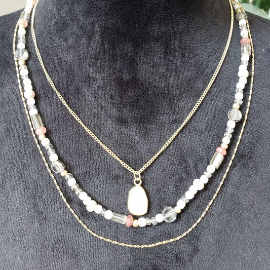 Women Multicolor Multiple Beaded & Chain Triple Strand Necklace w/ Lobster Clasp