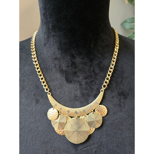 Women's Gold Statement Necklace With Textured Discs And Matching Dangle Earrings