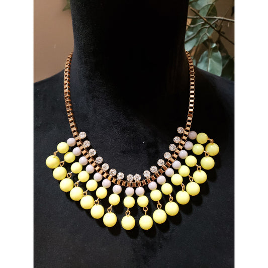 Yellow Gold Tone Pearl Beaded Bib Boho Sunflower Statement Jewelry Necklace