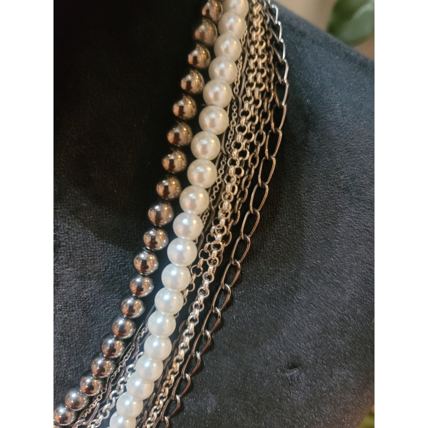 Women's Multi Layer Pearl Beaded Chain Necklace With Silver Flower Pendant