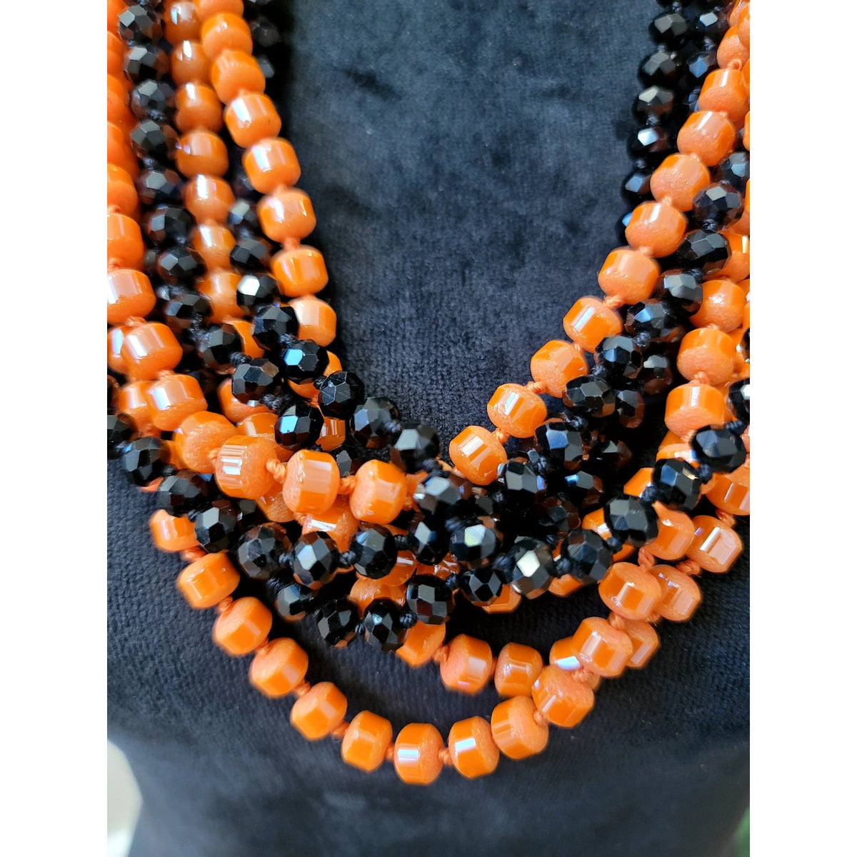 Orange & Black Multi-Strand Beaded Necklace Layered Statement Bib Boho Jewelry