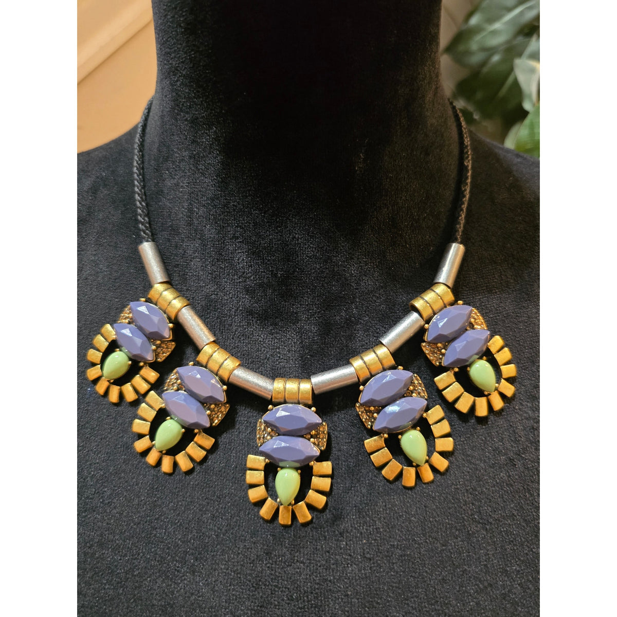 Women's J Crew Necklace Purple Green Stone Gold Tone Bib Pendant