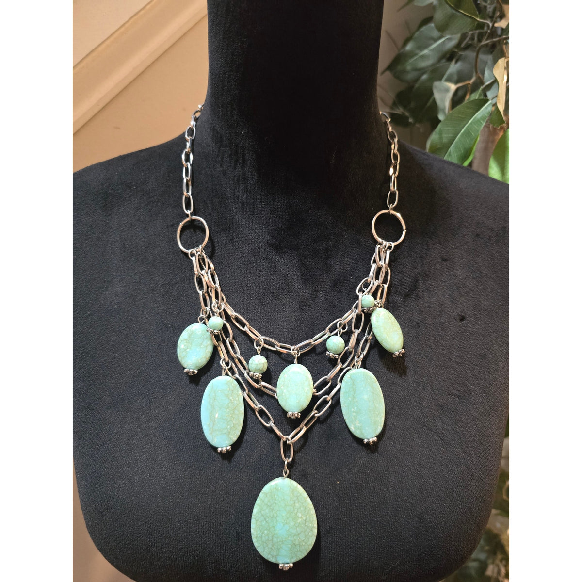 Women's Chunky Multi Strand Silver Tone Necklace Green Stone Statement Bib