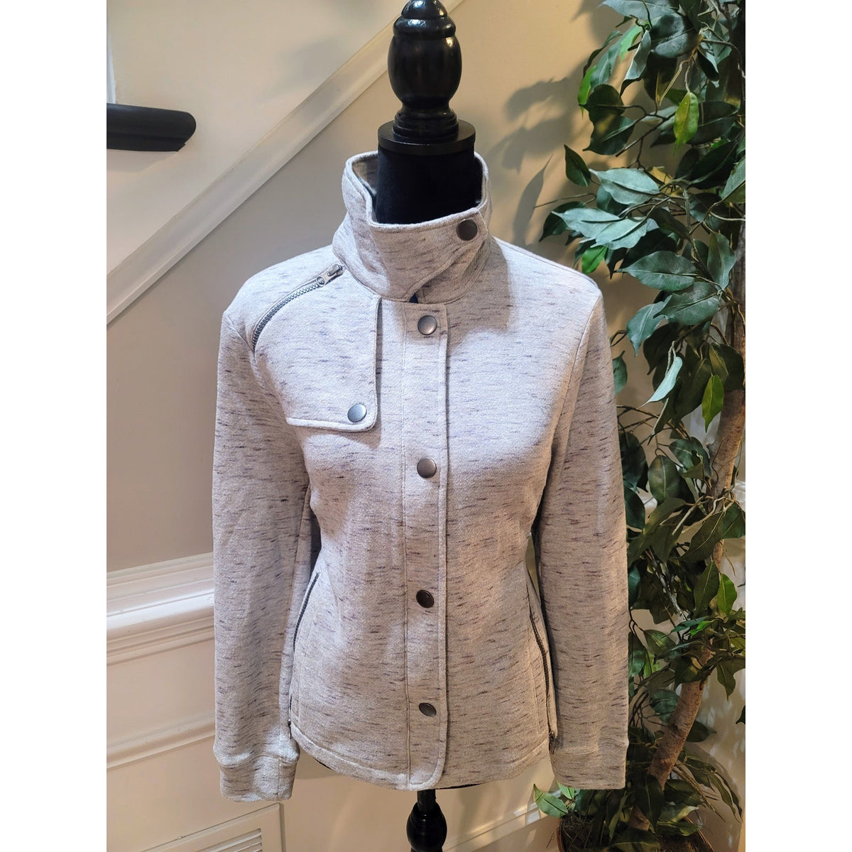 Cabi Sweatshirt Jacket Women's Large Gray Flecked Asymmetrical Zip Button Front