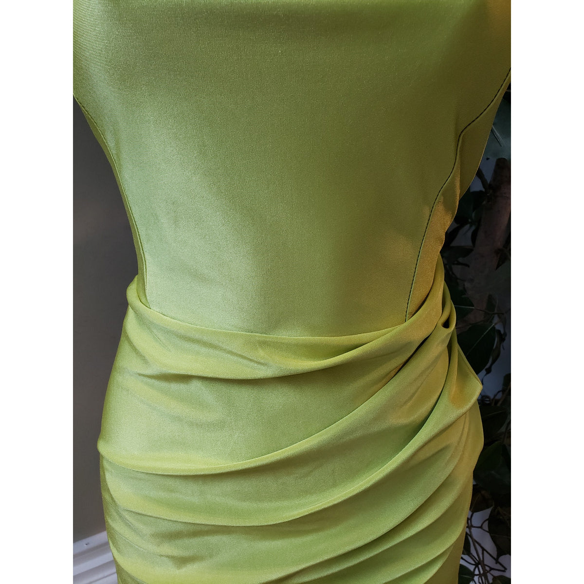 Blaishe Mini Bodycon Dress Womens Medium Lime Green Satin Faux Wrap Square Neck