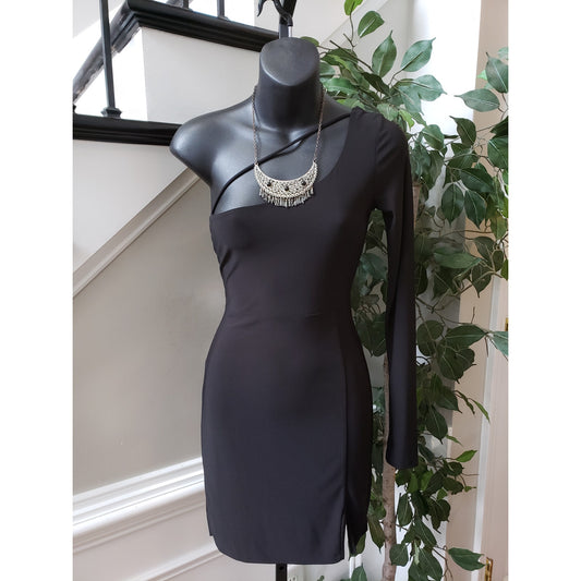 J. Our Knee Length Bodycon Dress Women Medium Black Solid Sexy One Shoulder Off