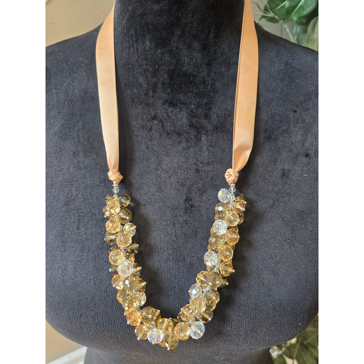 Gold Tone Crystal Beaded Ribbon Statement Necklace