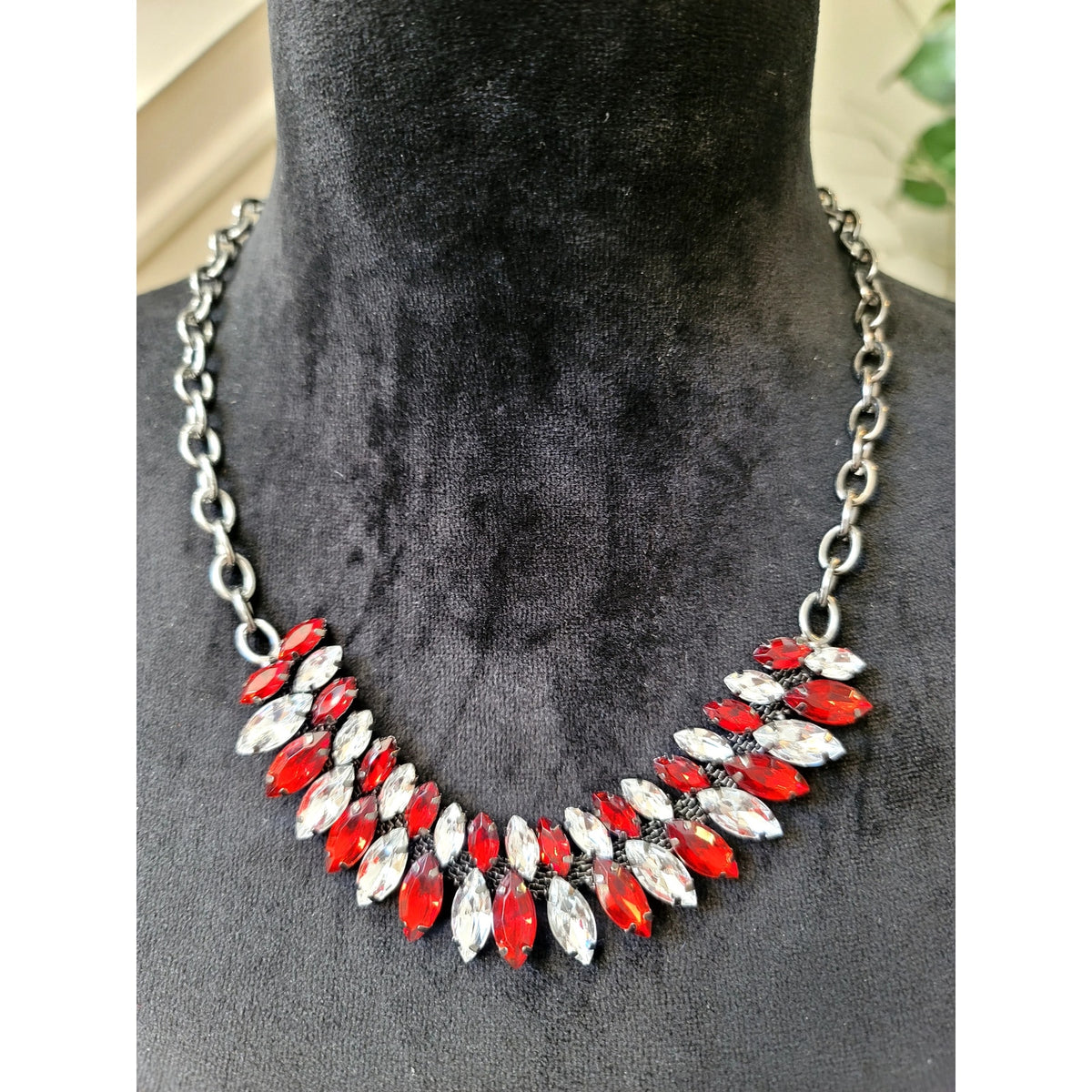 Red Crystal Marquis Statement Necklace Silver Tone Rhinestone Bib Glam Jewelry