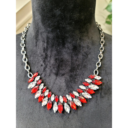 Red Crystal Marquis Statement Necklace Silver Tone Rhinestone Bib Glam Jewelry