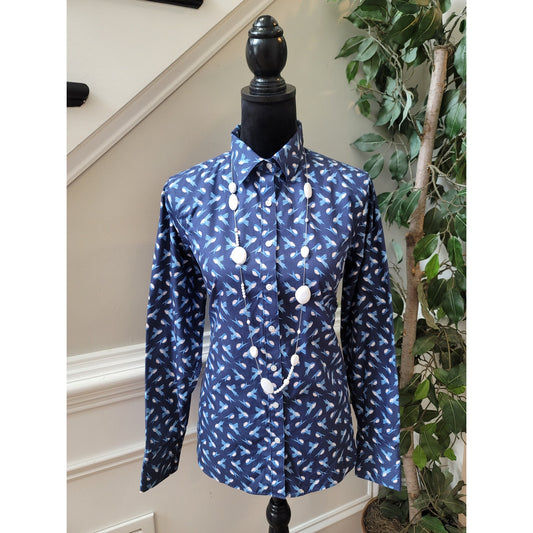 Lands End Shirt Women's Size 8 Blue Bird Print Long Sleeve Supima Cotton No Iron