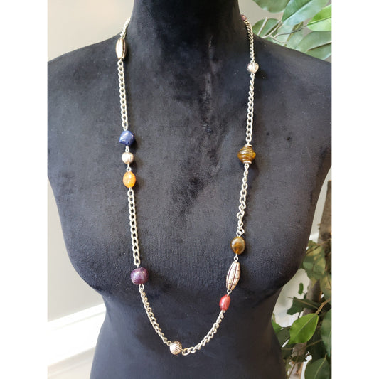 Women Long Mixed Bead Necklace Chunky Chain Artisan Boho Statement Jewelry