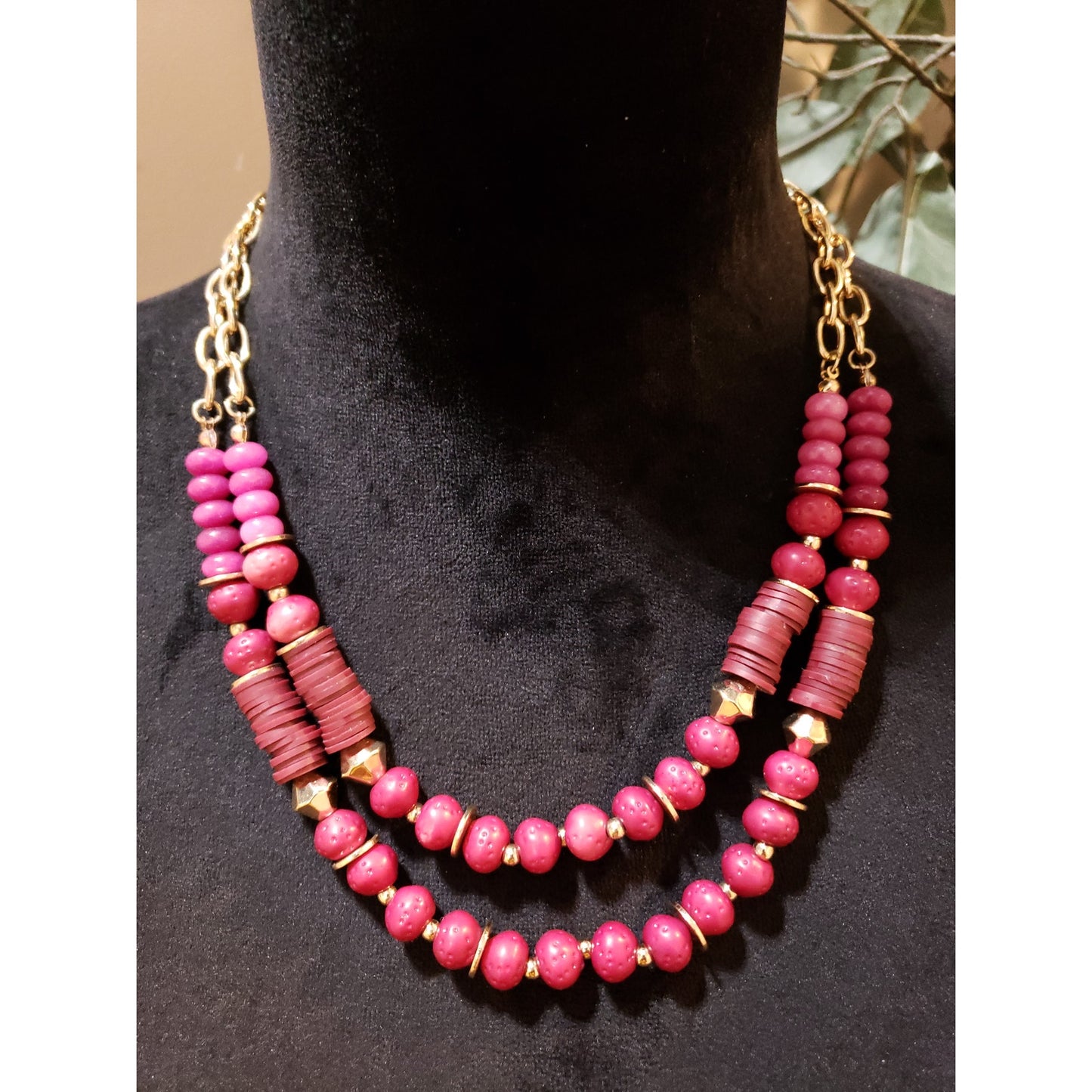 Women Fashion Boho Gold Tone 2 Strand Pink Plastic Beaded & Spacers Bib Necklace