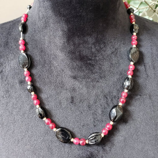 Womens Fashion Art Deco Red Cherry Quartz Black Onyx Necklace with Lobster Clasp