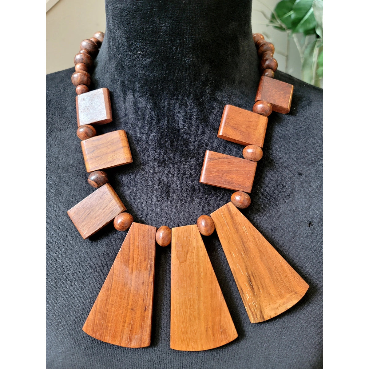 Wood Geometric Statement Necklace Brown Beaded Tribal Boho