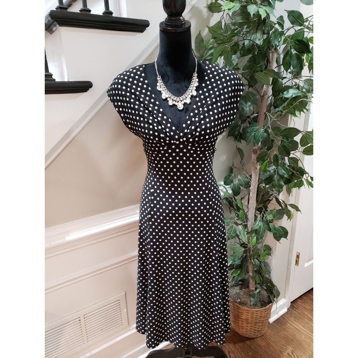 Chaps Womens Black & White Polyester Round Neck Short Sleeve Knee Length Dress M