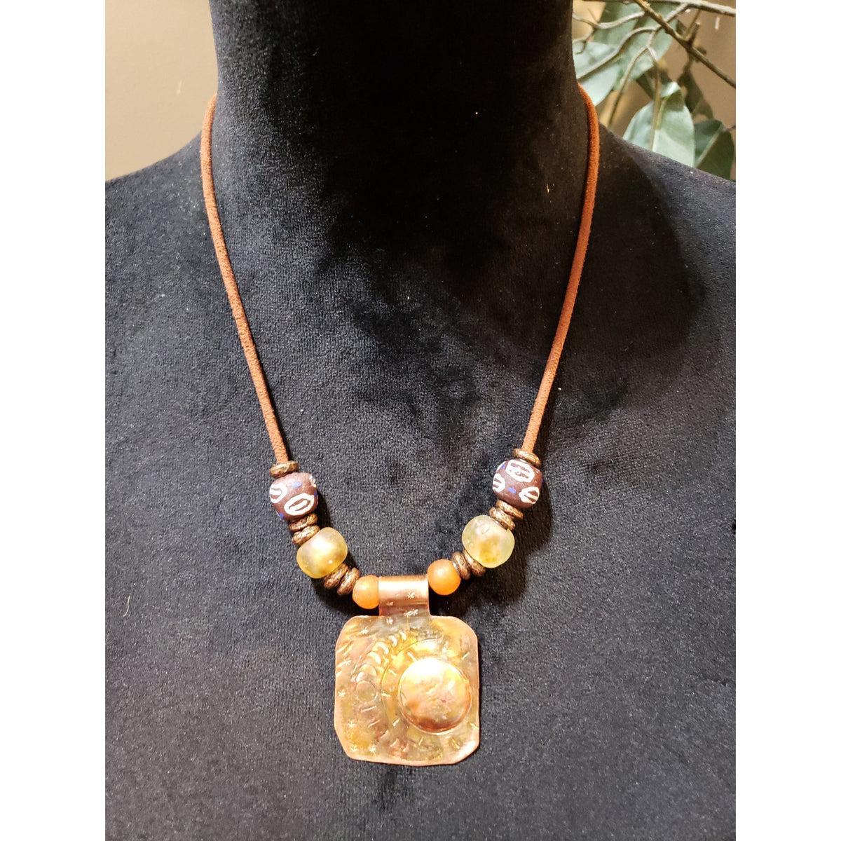 Womens Carnelian Bronze Spacers Beads on Suede Cord Carved Pendant Necklace