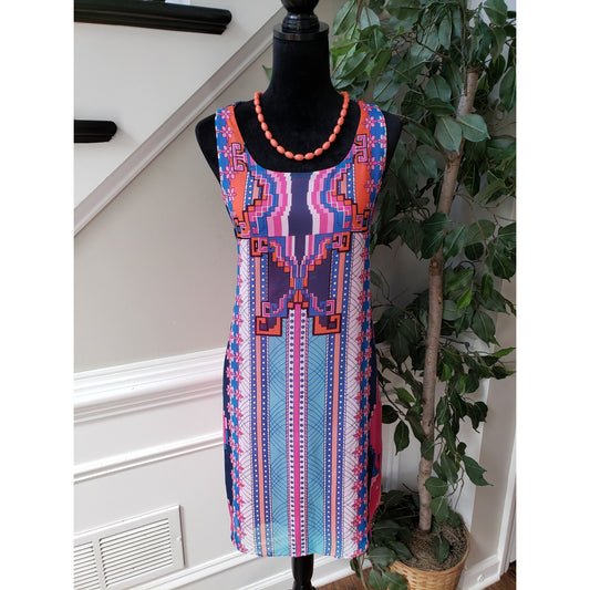 B. Smart Knee Length Dress Women's M Multi Detail Boho Geometric Round Neck